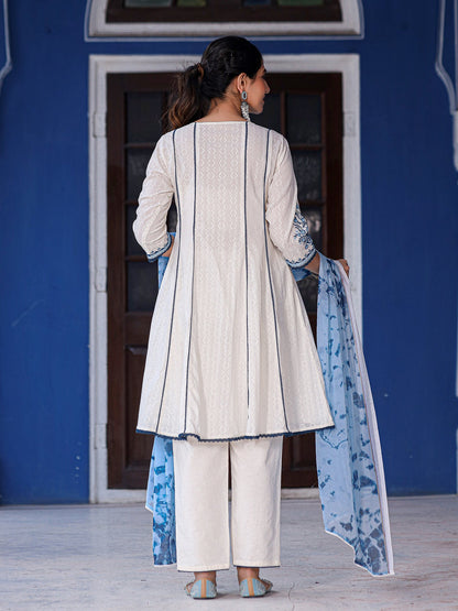 White & Blue Cotton Dobby Thread Embroidered Kurta With Pants Set With Chiffon Dupatta