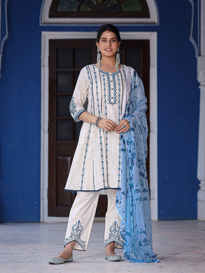 White & Blue Cotton Dobby Thread Embroidered Kurta With Pants Set With Chiffon Dupatta