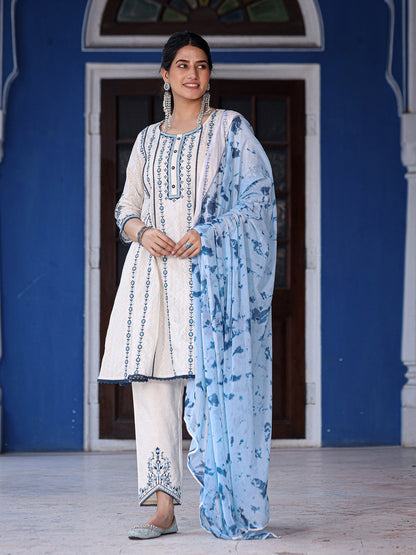 White & Blue Cotton Dobby Thread Embroidered Kurta With Pants Set With Chiffon Dupatta