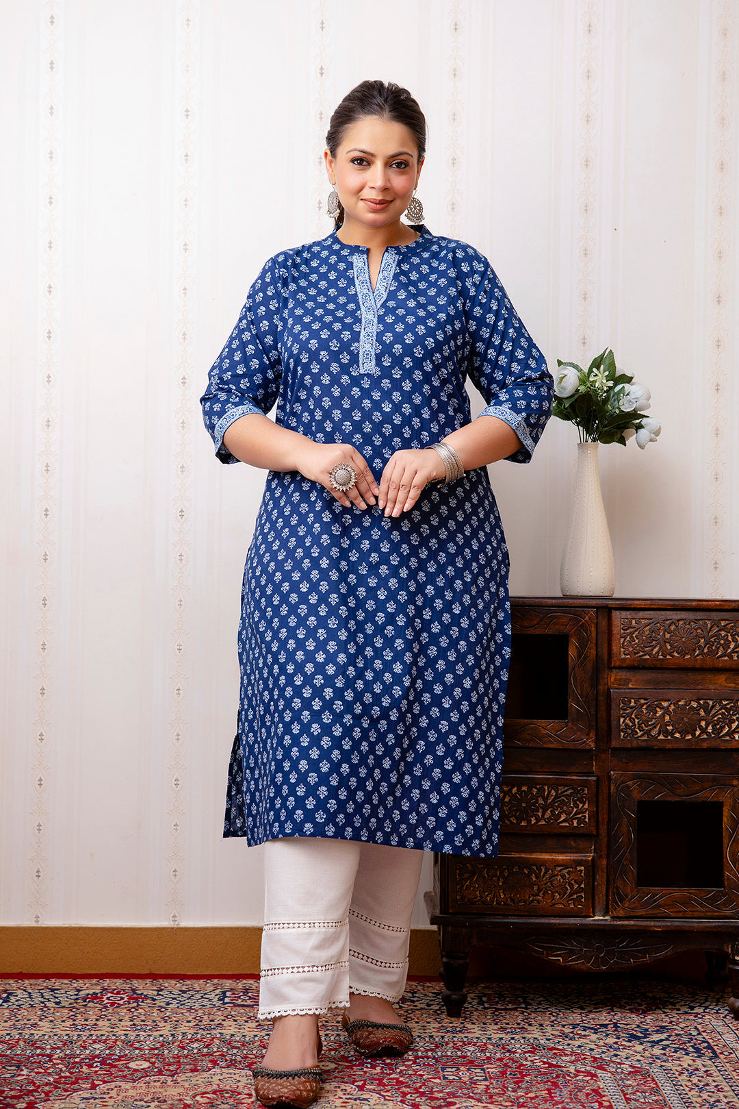 Plus Size Blue Printed Straight kurta