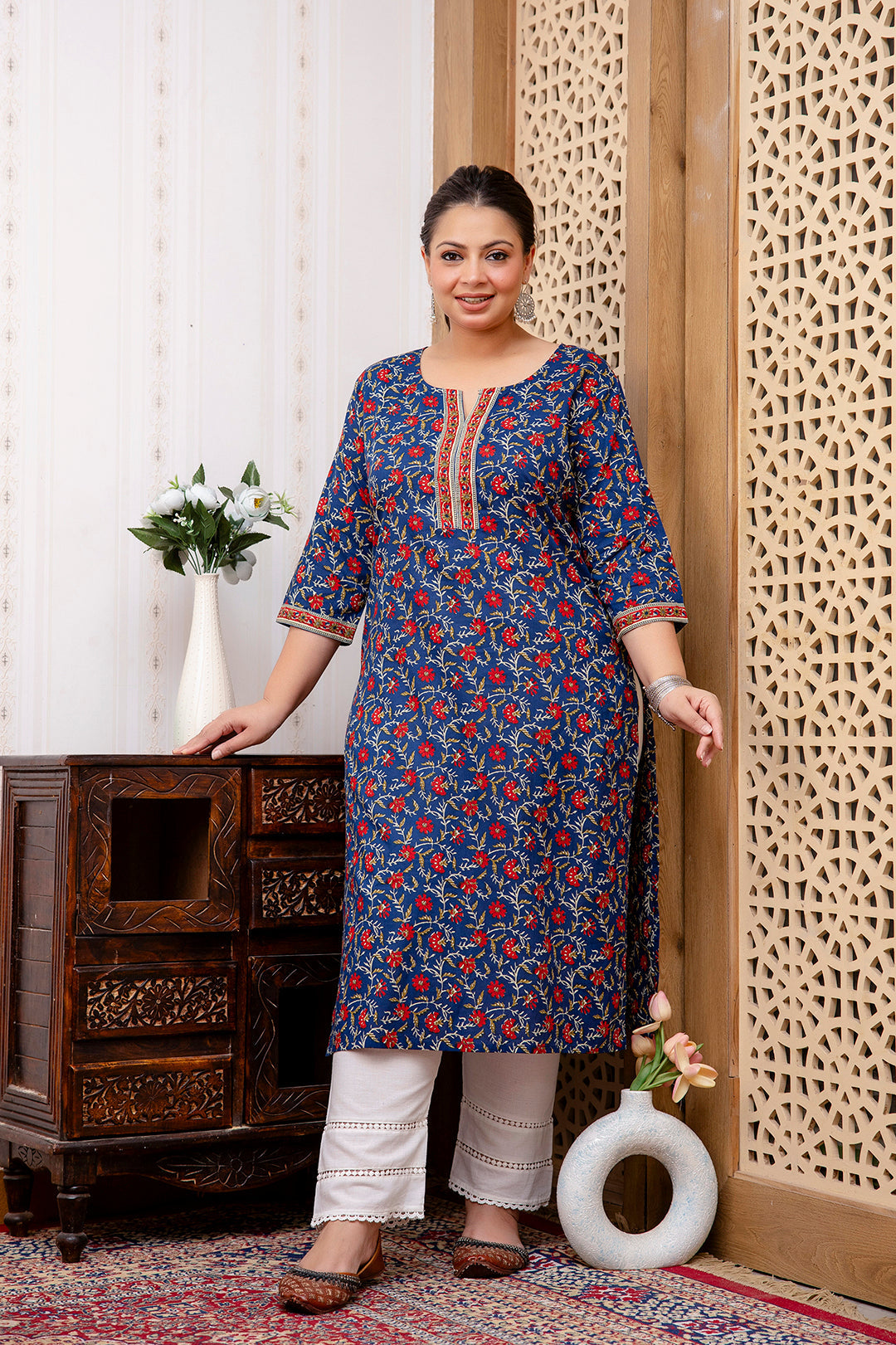 Plus Size Blue Printed Straight kurta