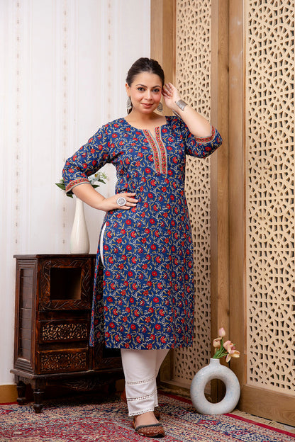 Plus Size Blue Printed Straight kurta