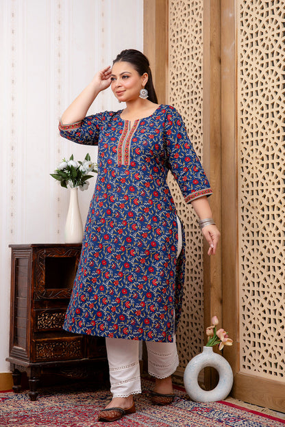 Plus Size Blue Printed Straight kurta