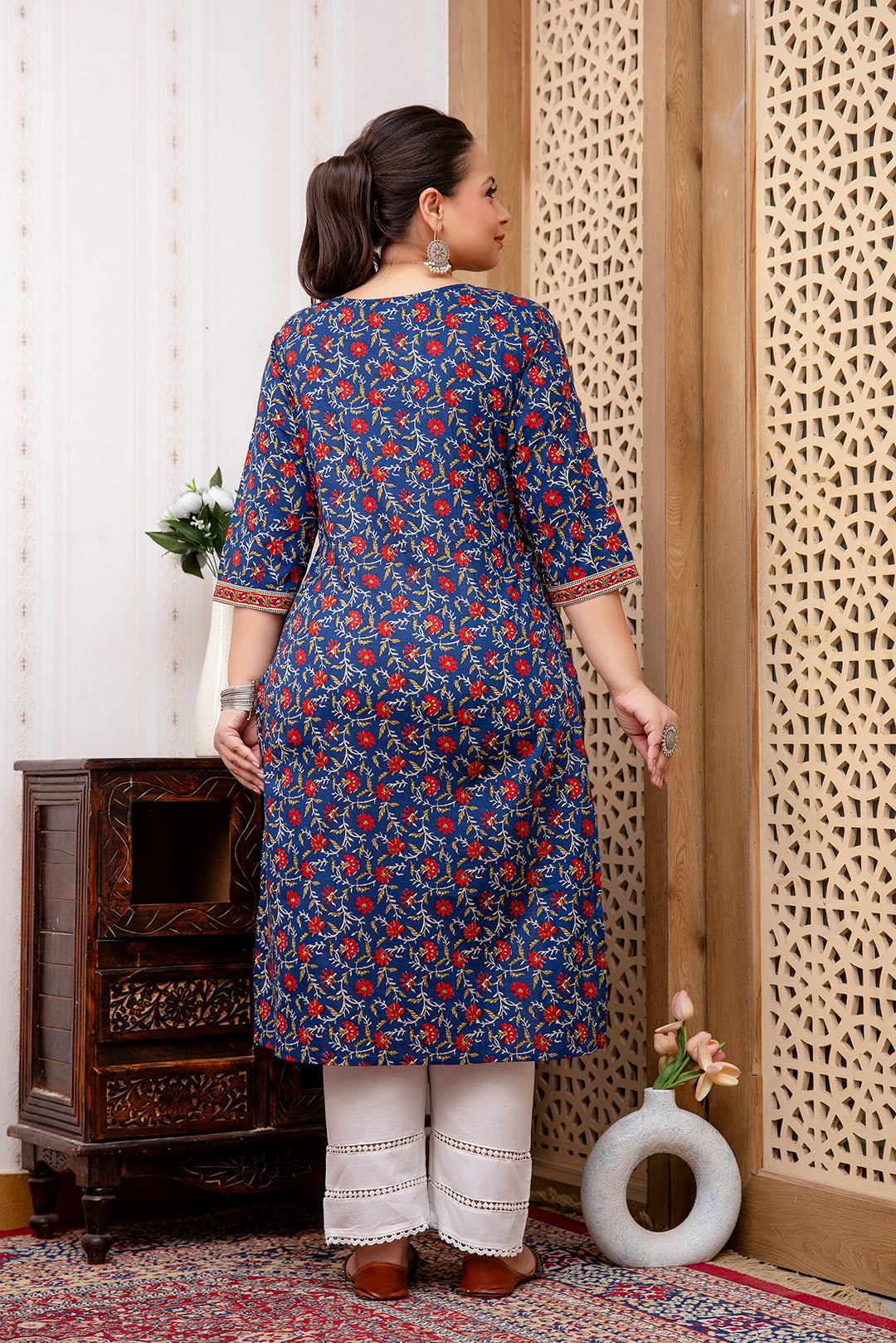 Plus Size Blue Printed Straight kurta