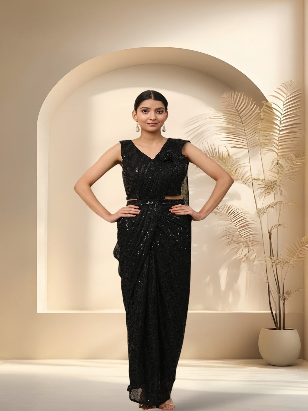 Black Sequinned & Belted Ready To Wear Lycra Saree