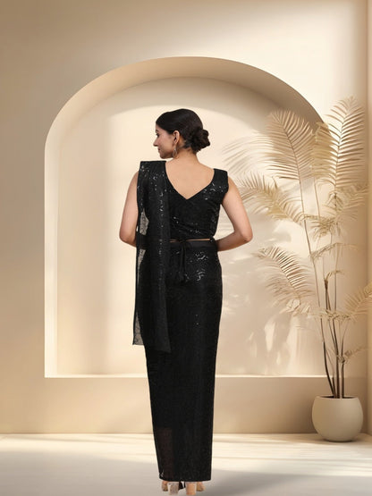 Black Sequinned & Belted Ready To Wear Lycra Saree