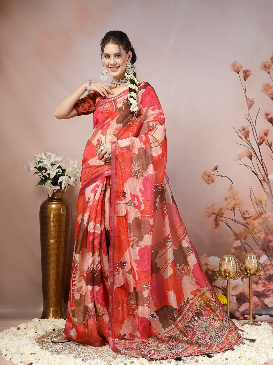 Magenta Floral Foil Printed Cotton Blend Saree