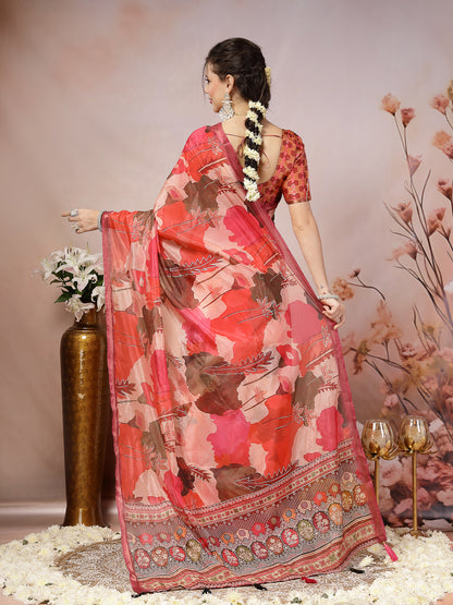 Magenta Floral Foil Printed Cotton Blend Saree