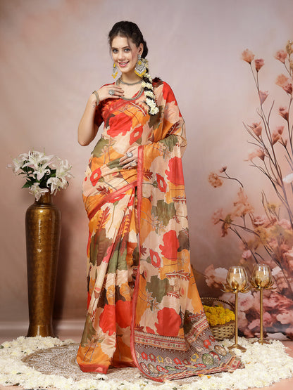 Orange Floral Foil Printed Cotton Blend Saree