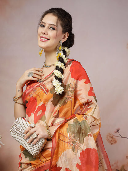 Orange Floral Foil Printed Cotton Blend Saree