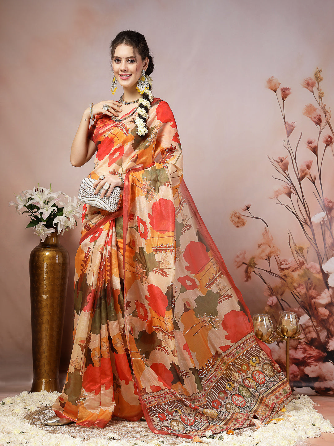 Orange Floral Foil Printed Cotton Blend Saree