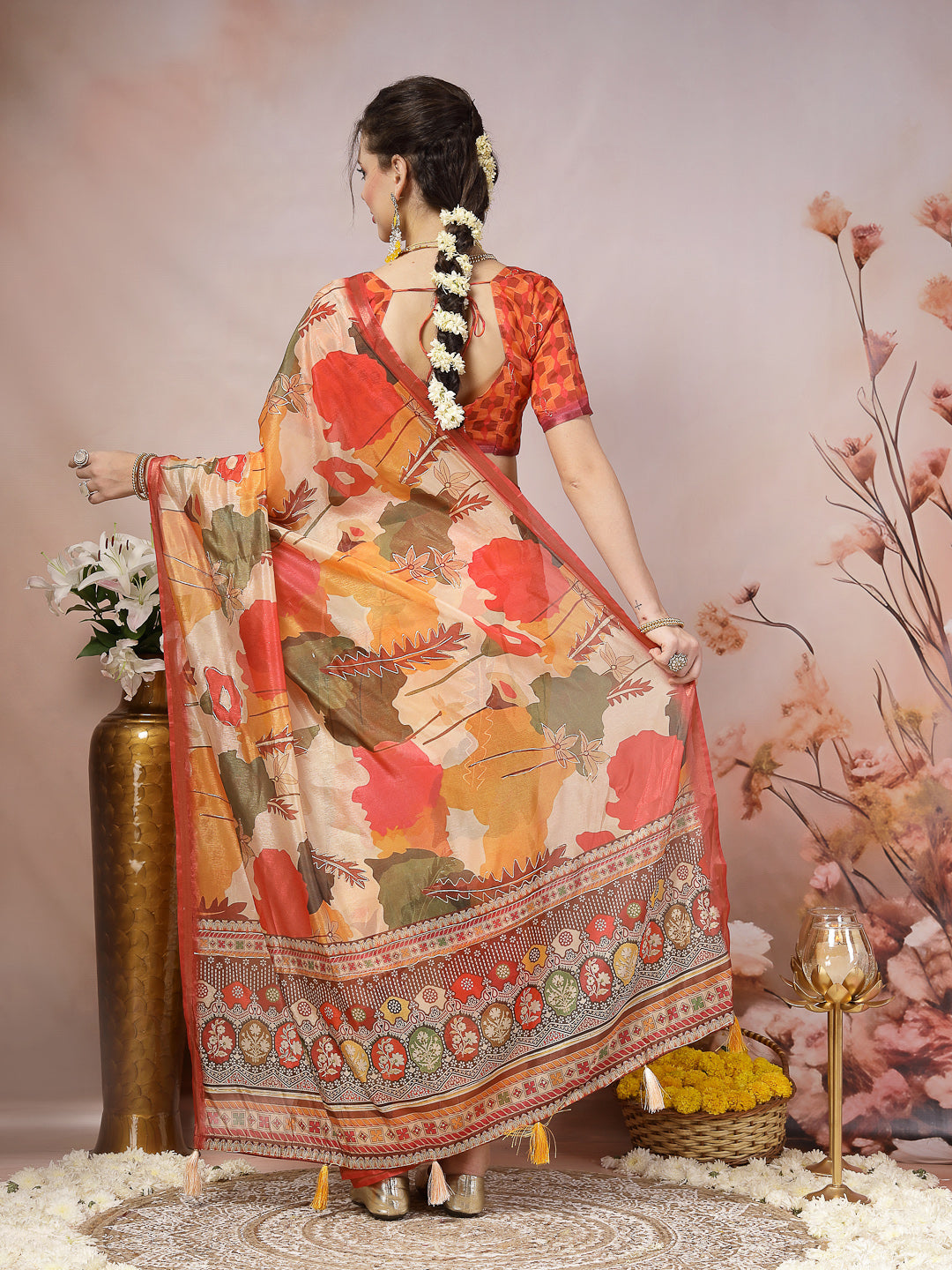 Orange Floral Foil Printed Cotton Blend Saree