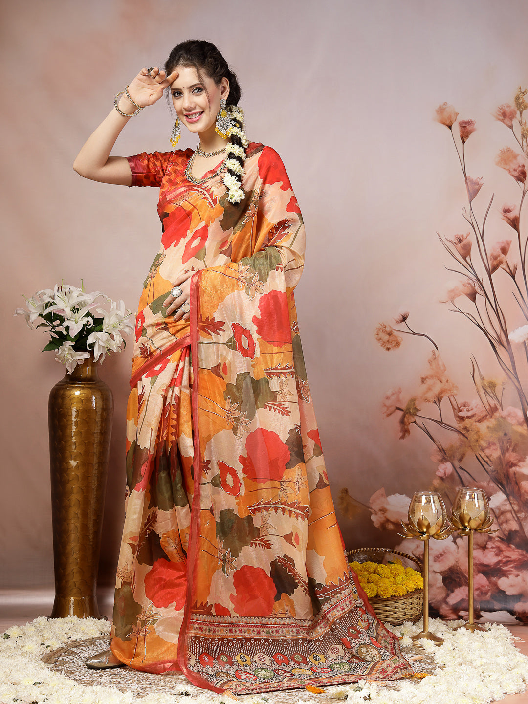 Orange Floral Foil Printed Cotton Blend Saree