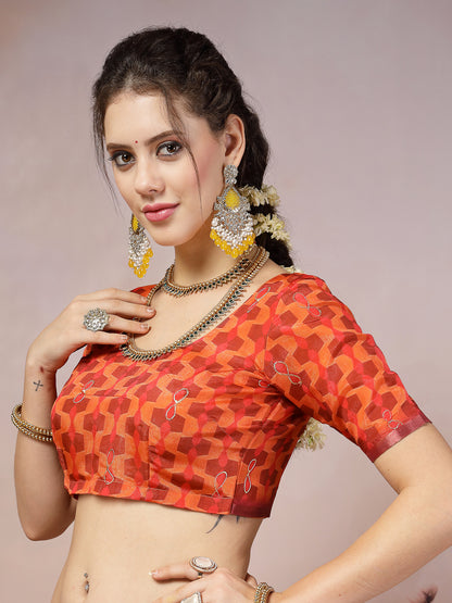 Orange Floral Foil Printed Cotton Blend Saree