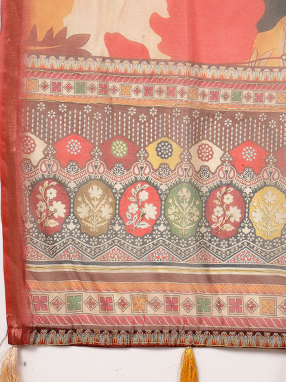 Orange Floral Foil Printed Cotton Blend Saree