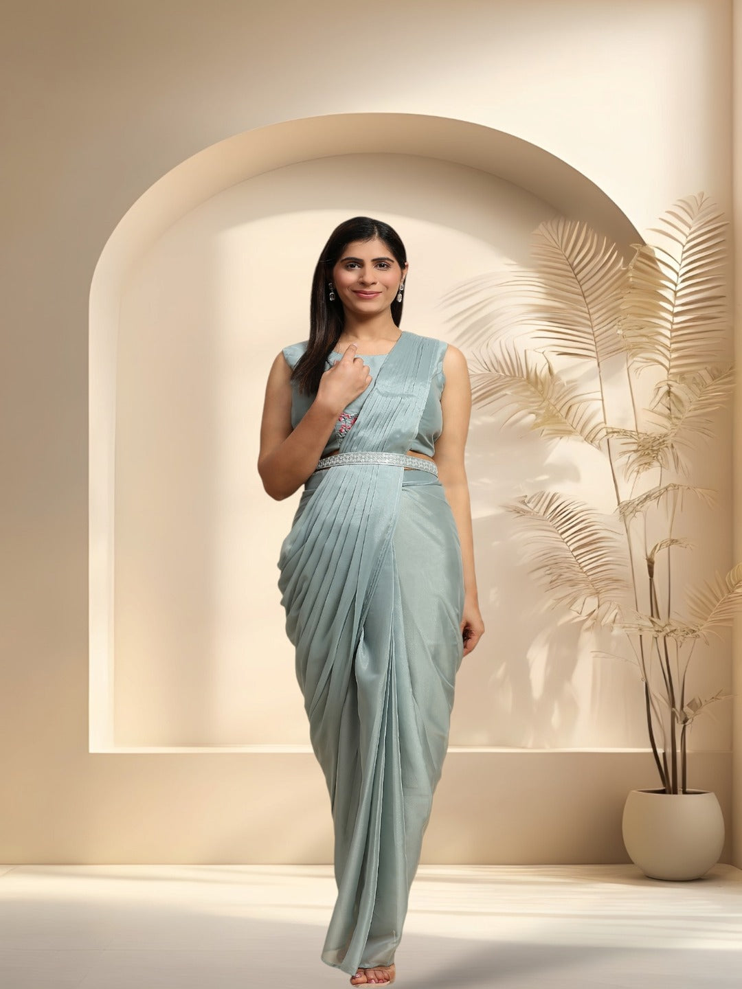 Pista Colour Party Wear Jacket & Belted Ready To Wear Chiffon Satin Saree