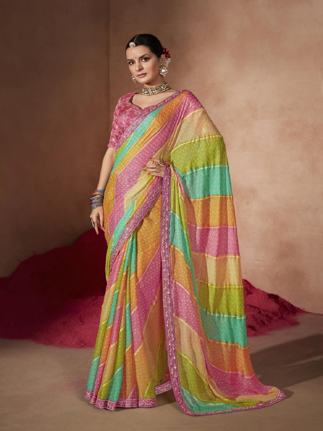 Pink Leheriya Foil Coding Border Chiffon Saree