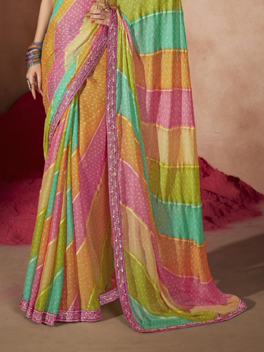 Pink Leheriya Foil Coding Border Chiffon Saree