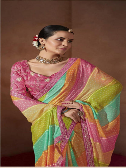 Pink Leheriya Foil Coding Border Chiffon Saree