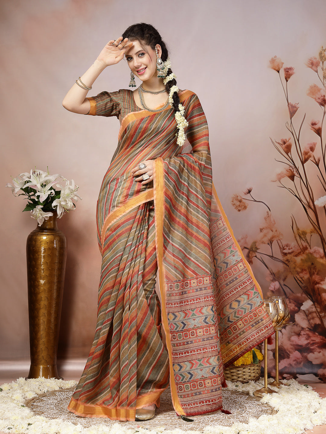 Olive Leheriya Zari Cotton Blend Saree