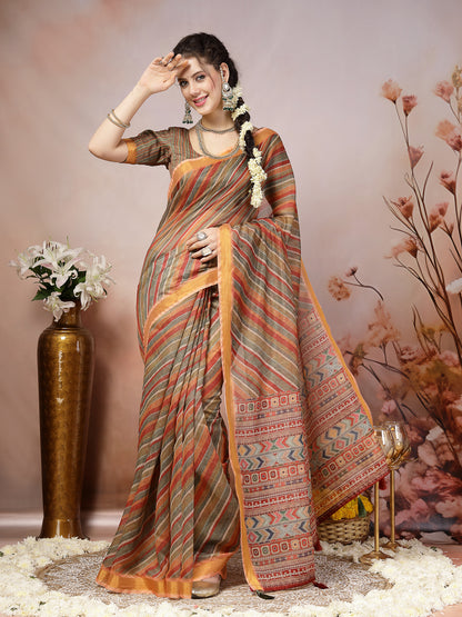 Olive Leheriya Zari Cotton Blend Saree