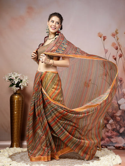 Olive Leheriya Zari Cotton Blend Saree