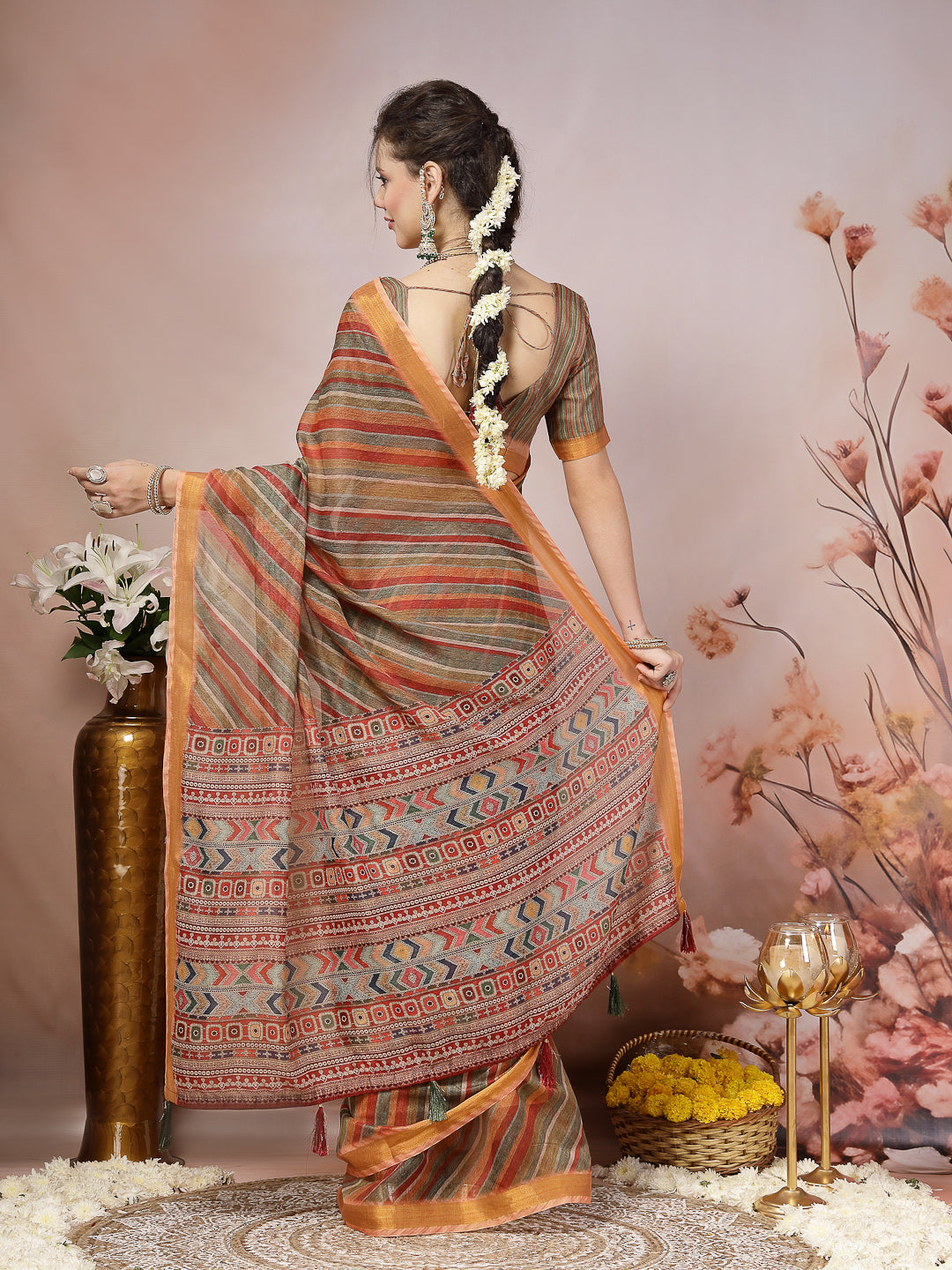 Olive Leheriya Zari Cotton Blend Saree