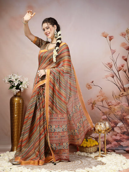 Olive Leheriya Zari Cotton Blend Saree