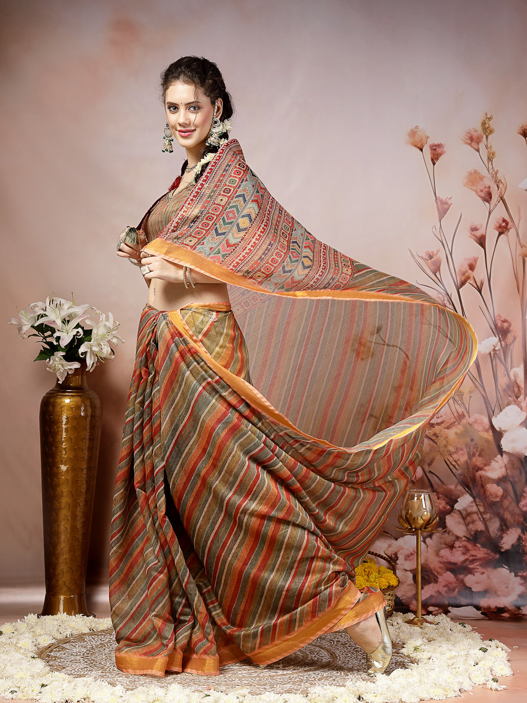 Olive Leheriya Zari Cotton Blend Saree