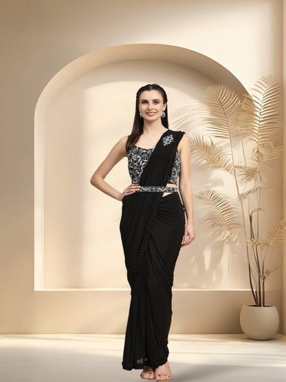 Black Party Wear Ruffled & Belted Ready To Wear Lycra Saree