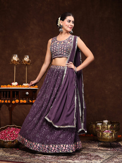 Purple Embroidered Georgette Lehenga & Blouse With Dupatta