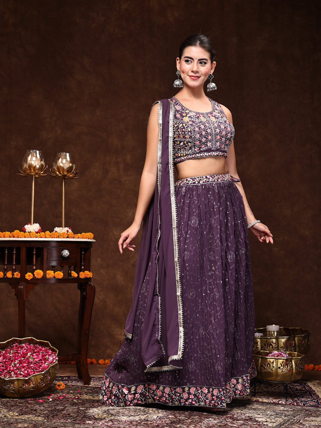 Purple Embroidered Georgette Lehenga & Blouse With Dupatta