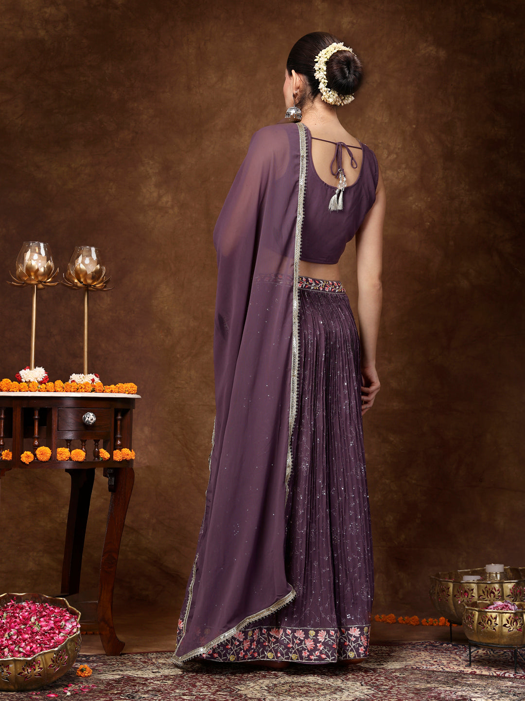 Purple Embroidered Georgette Lehenga & Blouse With Dupatta