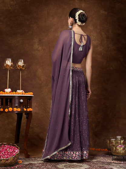 Purple Embroidered Georgette Lehenga & Blouse With Dupatta