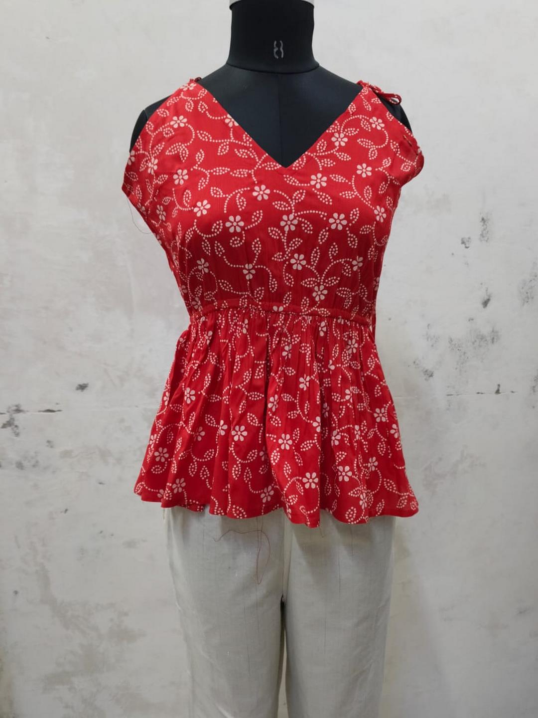 Red Floral Printed Rayon Short Peplum Top