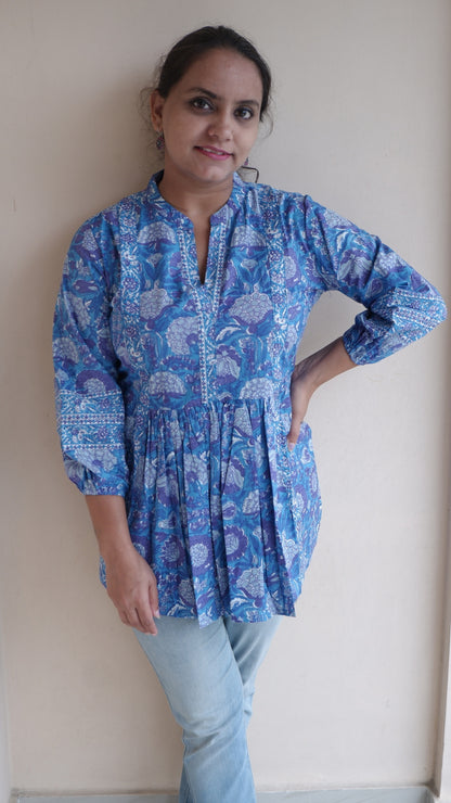 Printed Mandarin Collar Three-Quarter Sleeves Top (Kimayra)