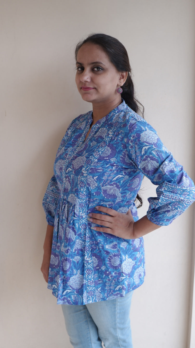 Printed Mandarin Collar Three-Quarter Sleeves Top (Kimayra)