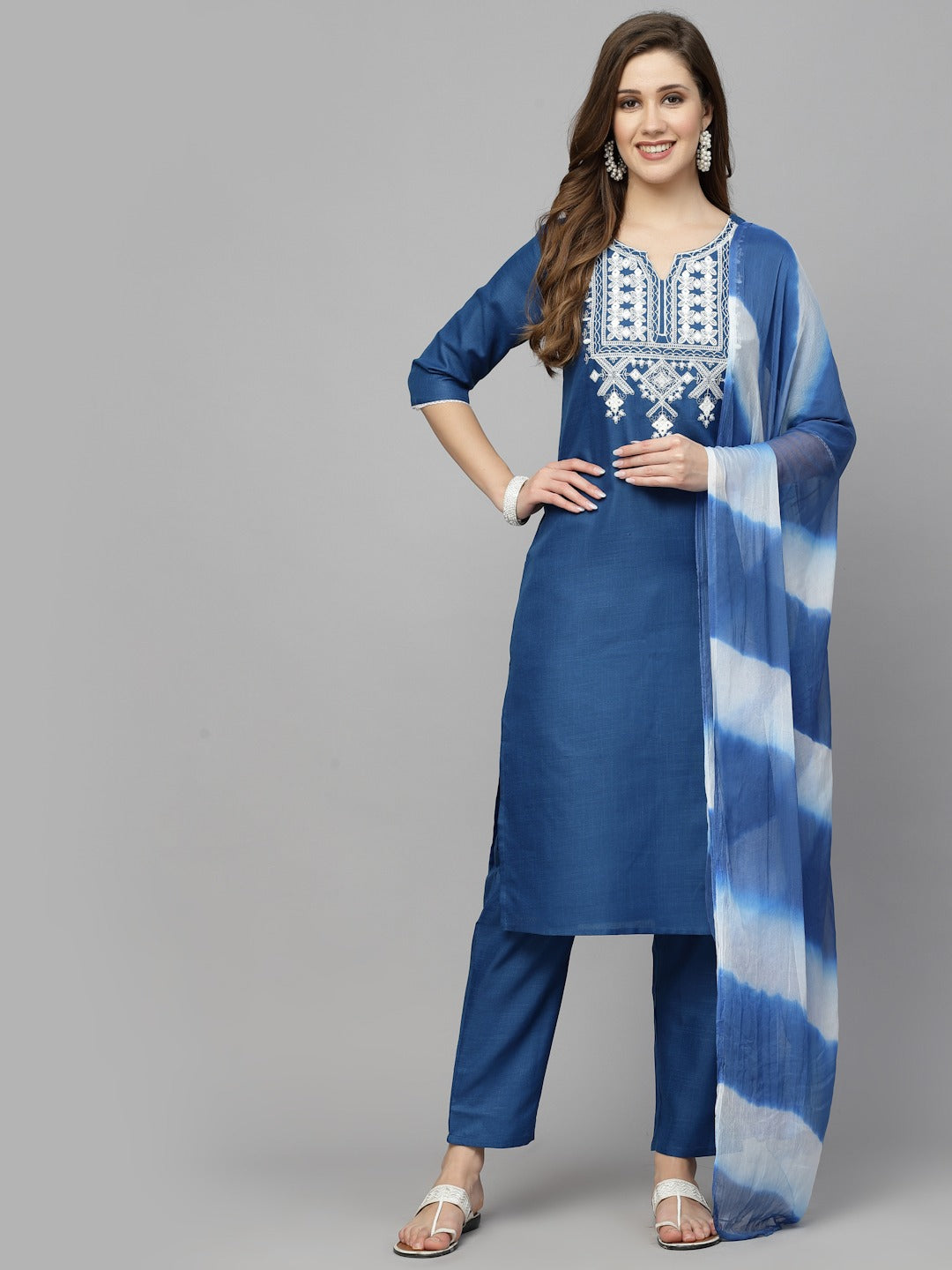 Embroidered Cotton Blend Straight Kurta Pant Dupatta Set