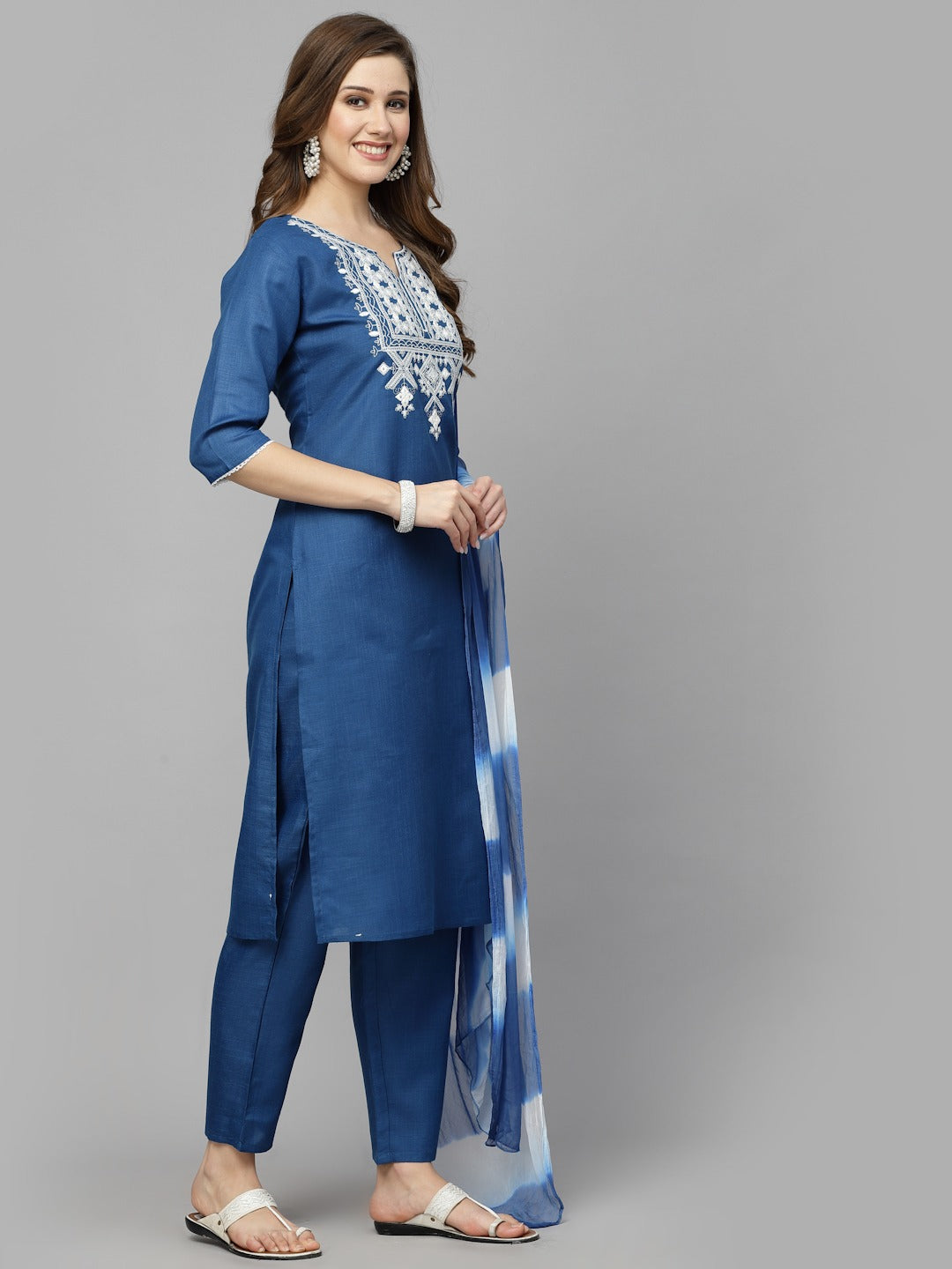 Embroidered Cotton Blend Straight Kurta Pant Dupatta Set