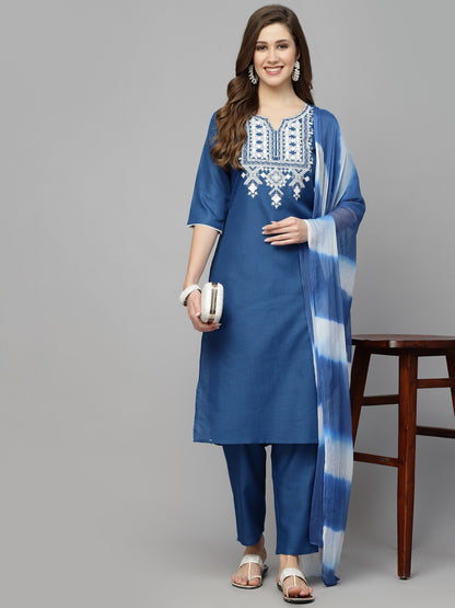 Embroidered Cotton Blend Straight Kurta Pant Dupatta Set