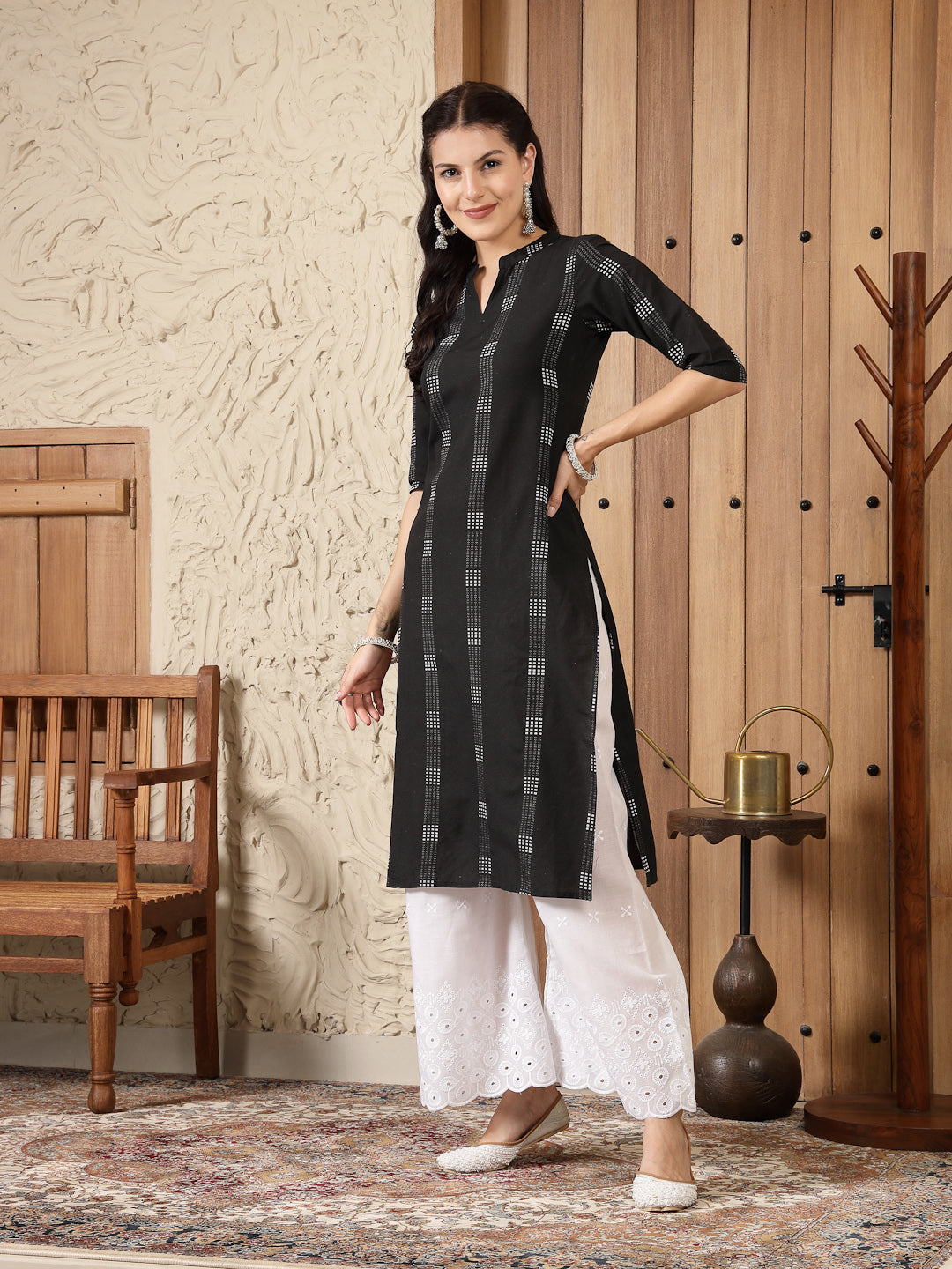 Self Designed Cotton Blend Straight Kurta