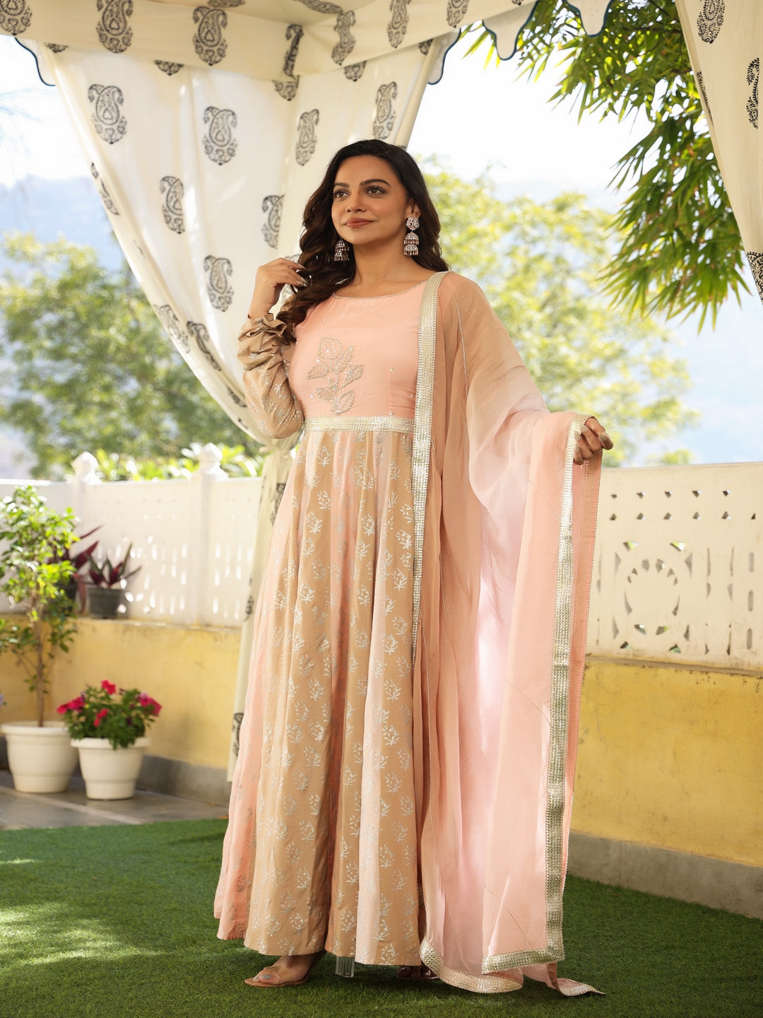 Multicolor Muslin Gown With Dupatta