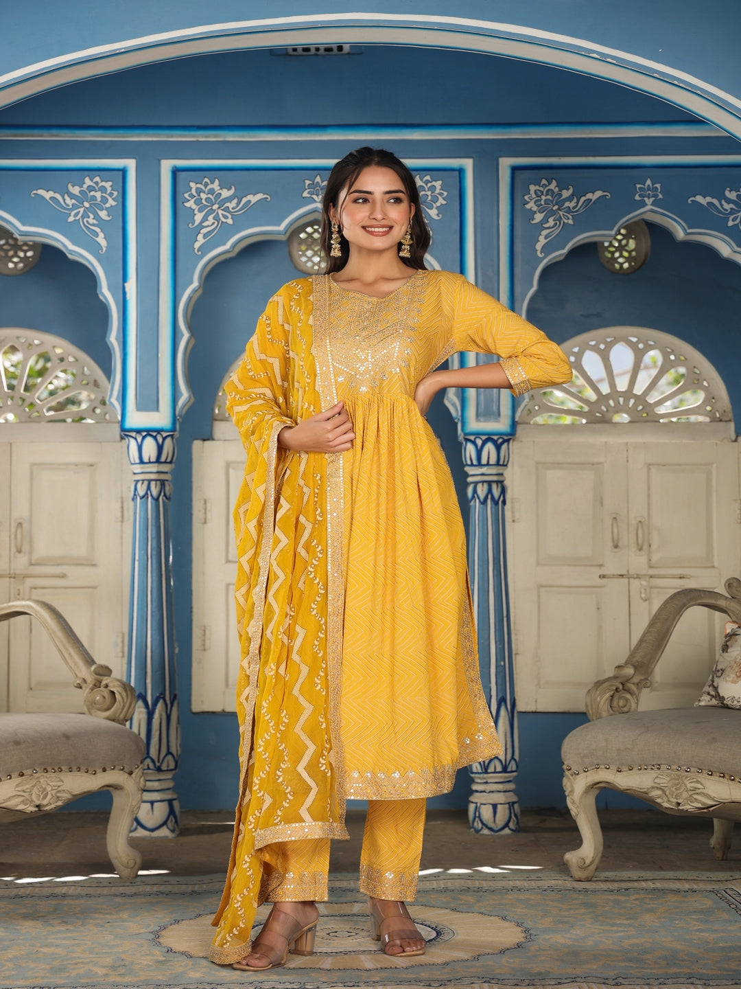 Yellow Printed Rayon Kurta Set