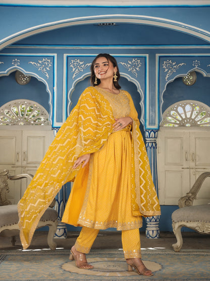 Yellow Printed Rayon Kurta Set