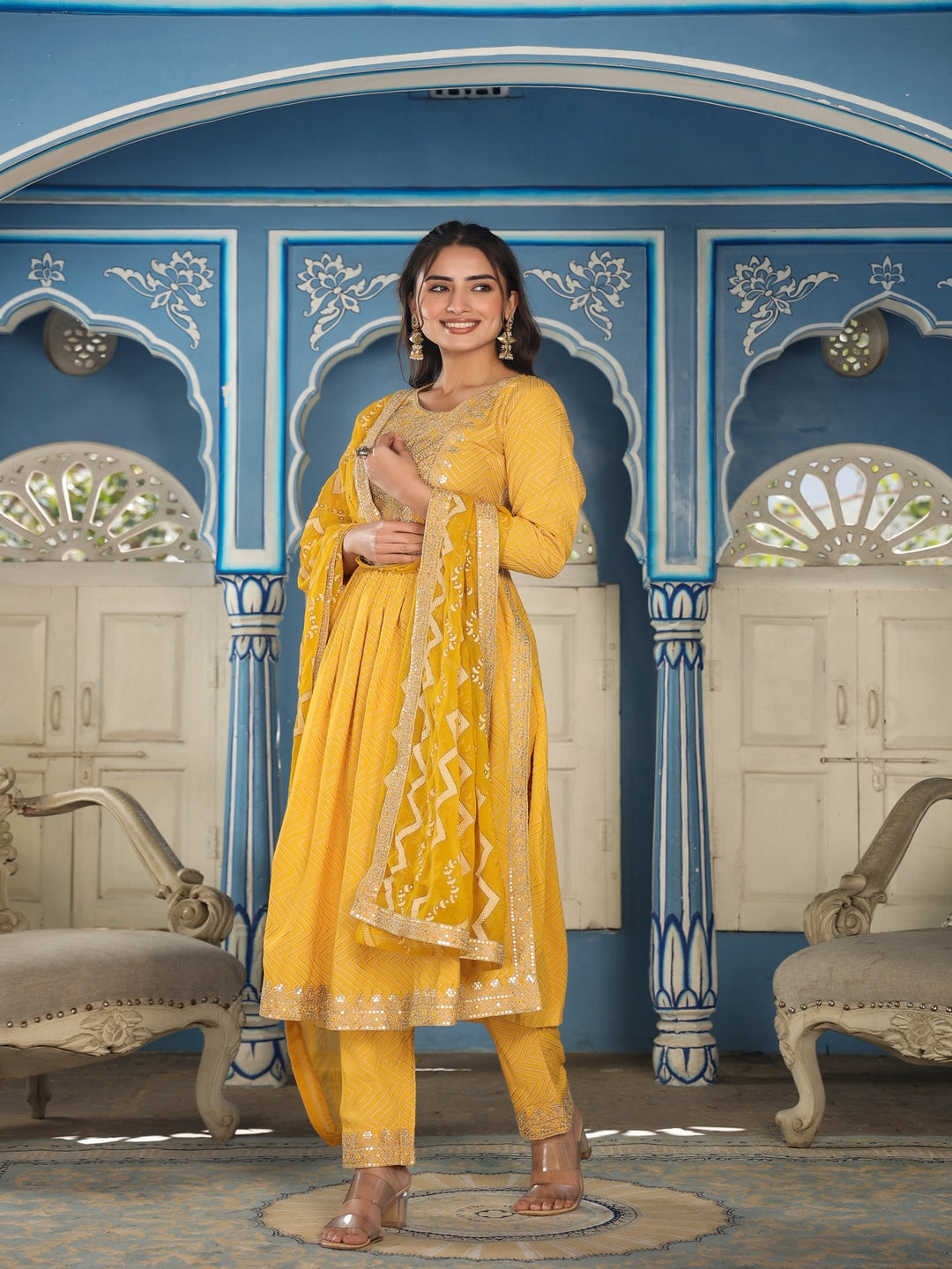 Yellow Printed Rayon Kurta Set