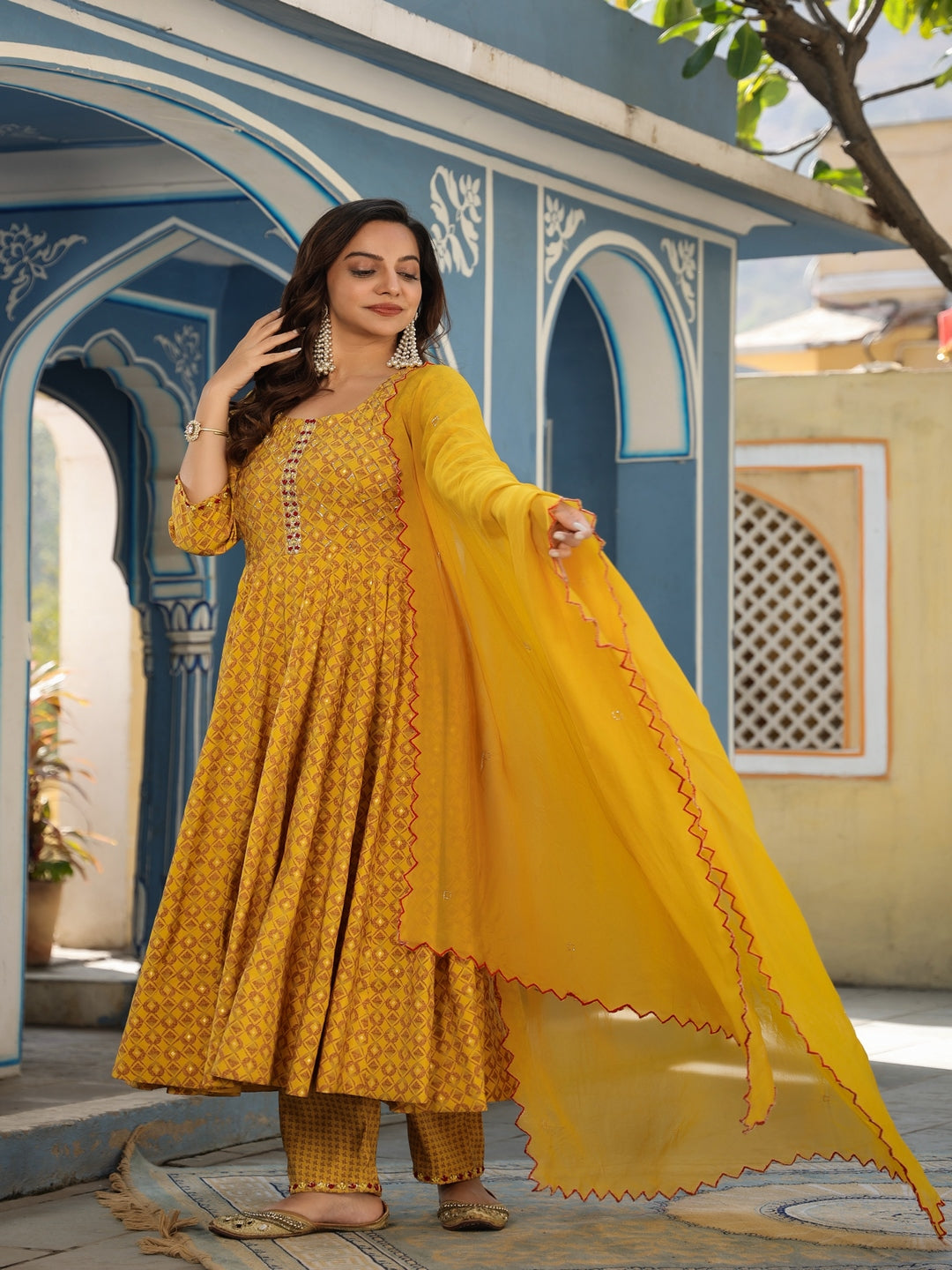 Mustard Chanderi Anarkali Set With Dupatta