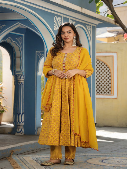 Mustard Chanderi Anarkali Set With Dupatta