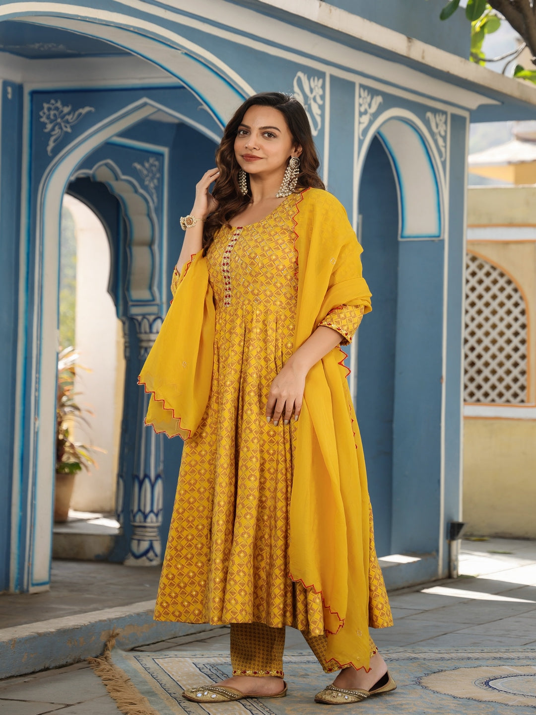 Mustard Chanderi Anarkali Set With Dupatta