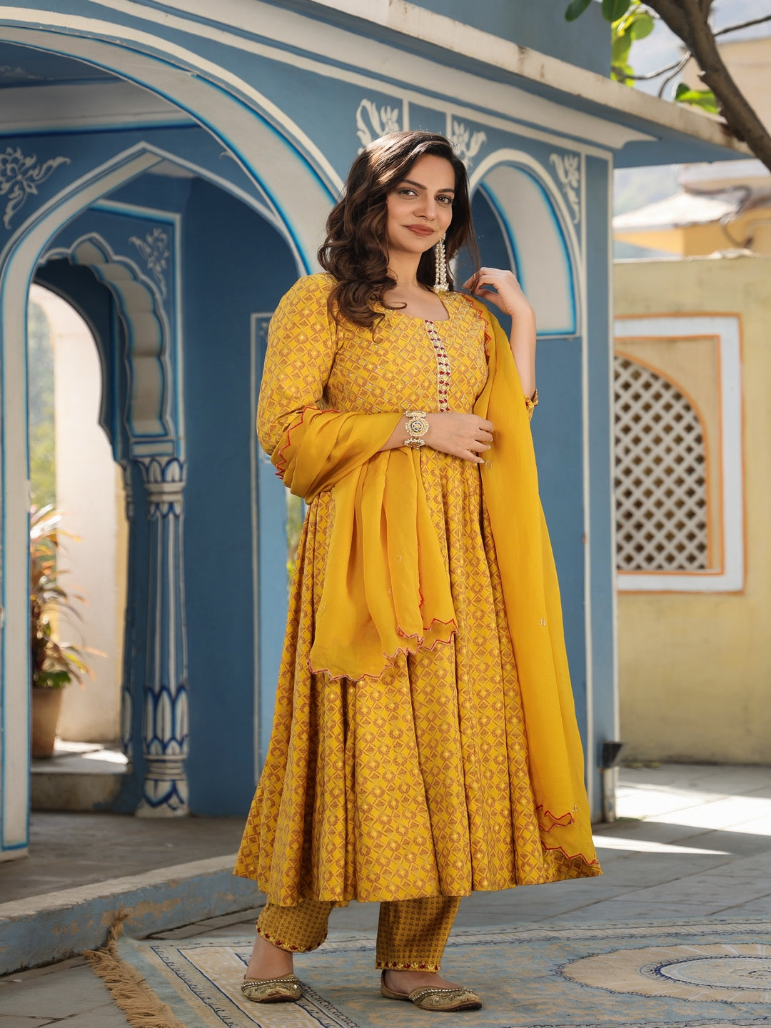 Mustard Chanderi Anarkali Set With Dupatta