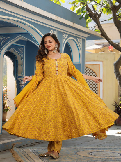 Mustard Chanderi Anarkali Set With Dupatta